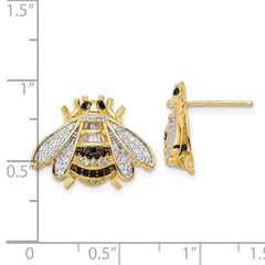 Sterling Silver Blk White RH-plated Gold Tone CZ Bumblebee Post Earrings
