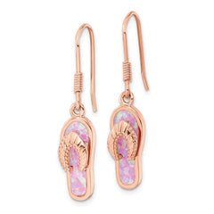 Rose Gold-plated Sterling Silver Pink Created Opal Inlay Flip Flop Dangle Earrings