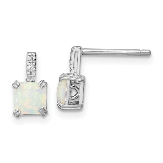 Rhodium-plated Sterling Silver Square White Created Opal Post Earrings
