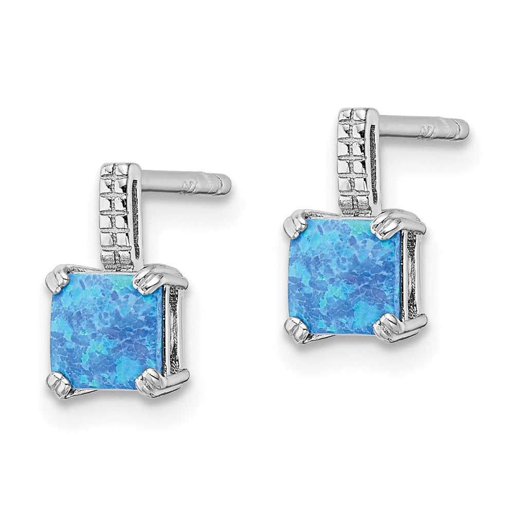 Rhodium-plated Sterling Silver Square Blue Created Opal Post Earrings