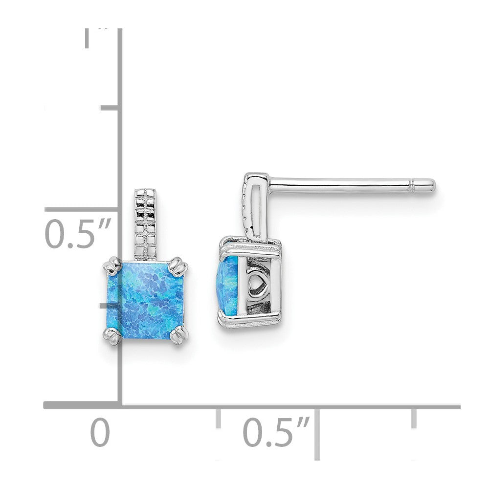 Rhodium-plated Sterling Silver Square Blue Created Opal Post Earrings