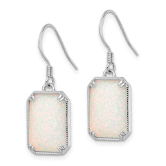 Rhodium-plated Silver White Created Opal Beaded Border Earrings