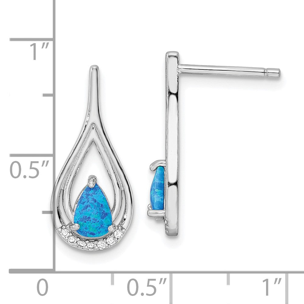 Rhodium-plated Silver Pear Shape Blue Created Opal CZ Post Earrings