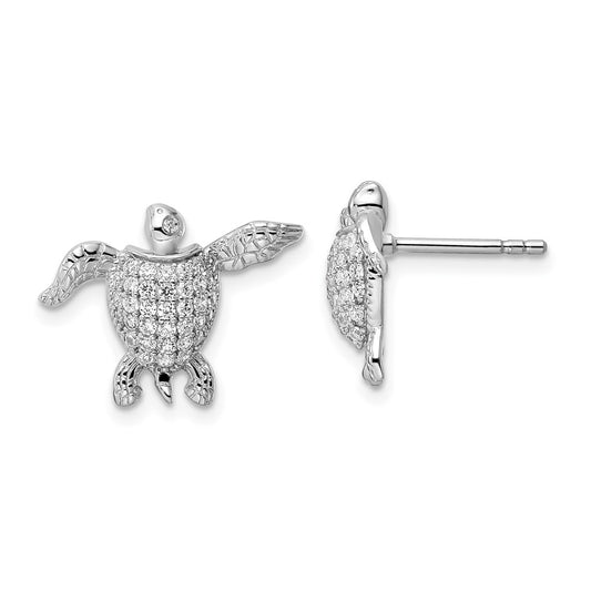 Rhodium-plated Sterling Silver CZ Sea Turtle Post Earrings