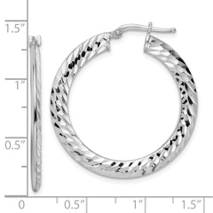 Rhodium-plated Sterling Silver 2x32mm Diamond-cut Knife-edge Tube Hoop Earrings