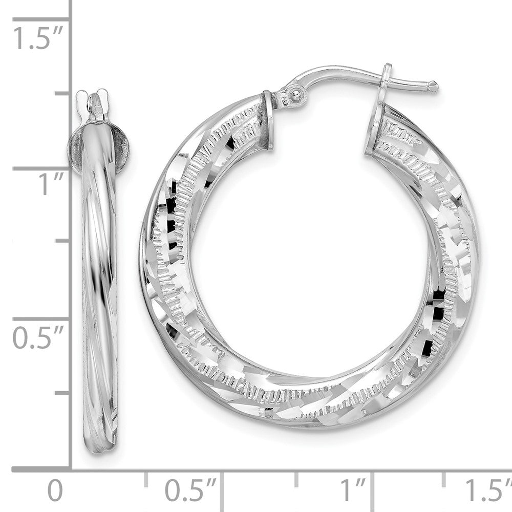 Rhodium-plated Sterling Silver 3x29mm Diamond-cut Twisted Tube Hoop Earrings