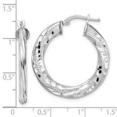 Rhodium-plated Sterling Silver 3x29mm Diamond-cut Twisted Tube Hoop Earrings