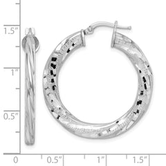 Rhodium-plated Sterling Silver 3x33mm Diamond-cut Twisted Tube Hoop Earrings