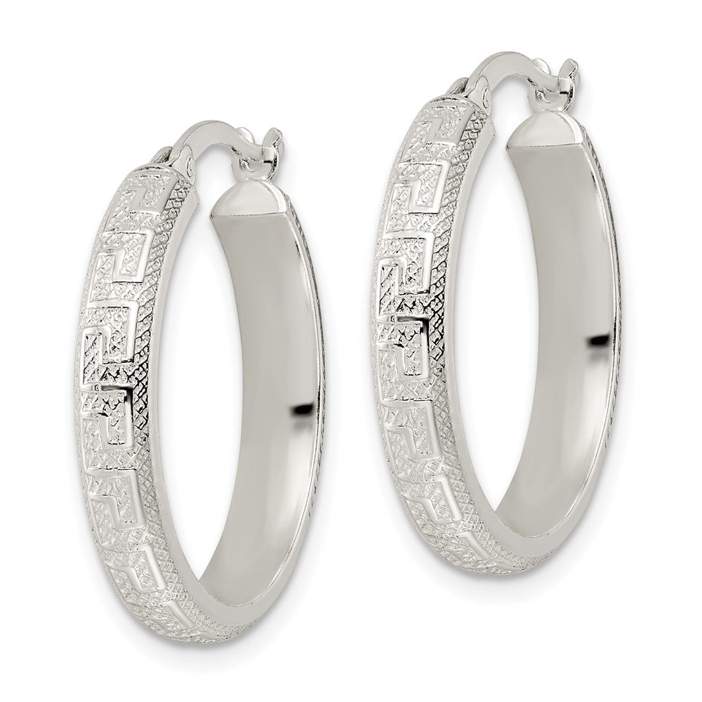 Sterling Silver Textured Greek Key 4x24mm Tube Hoop Earrings
