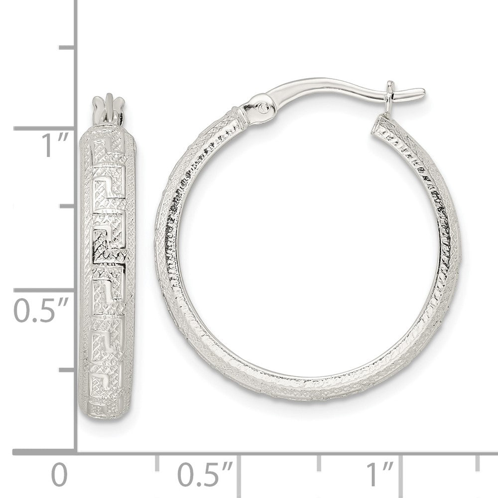 Sterling Silver Textured Greek Key 4x24mm Tube Hoop Earrings