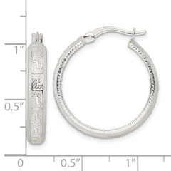 Sterling Silver Textured Greek Key 4x24mm Tube Hoop Earrings