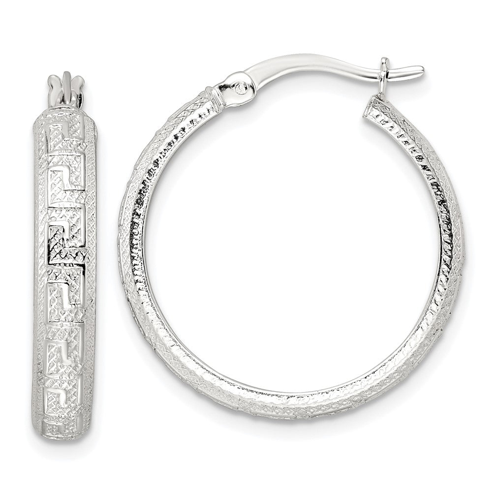 Sterling Silver Textured Greek Key 4x24mm Tube Hoop Earrings