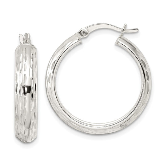 Sterling Silver Polished Diamond-cut 5x25mm Hoop Earrings