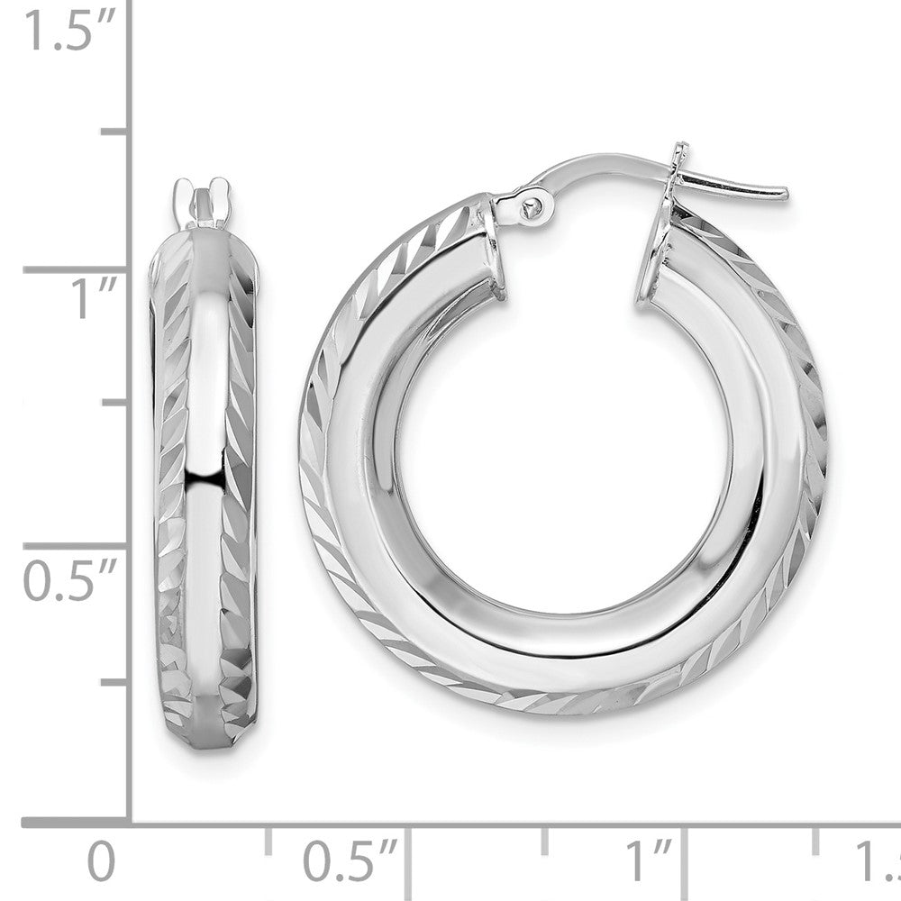 Rhodium-plated Sterling Silver 5x24mm Diamond-cut Octagon Tube Hoop Earrings