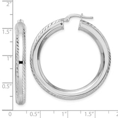 Rhodium-plated Sterling Silver 5x38mm Diamond-cut Octagon Tube Hoop Earrings