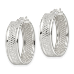 Sterling Silver Polished Textured 7.5x25mm Hoop Earrings