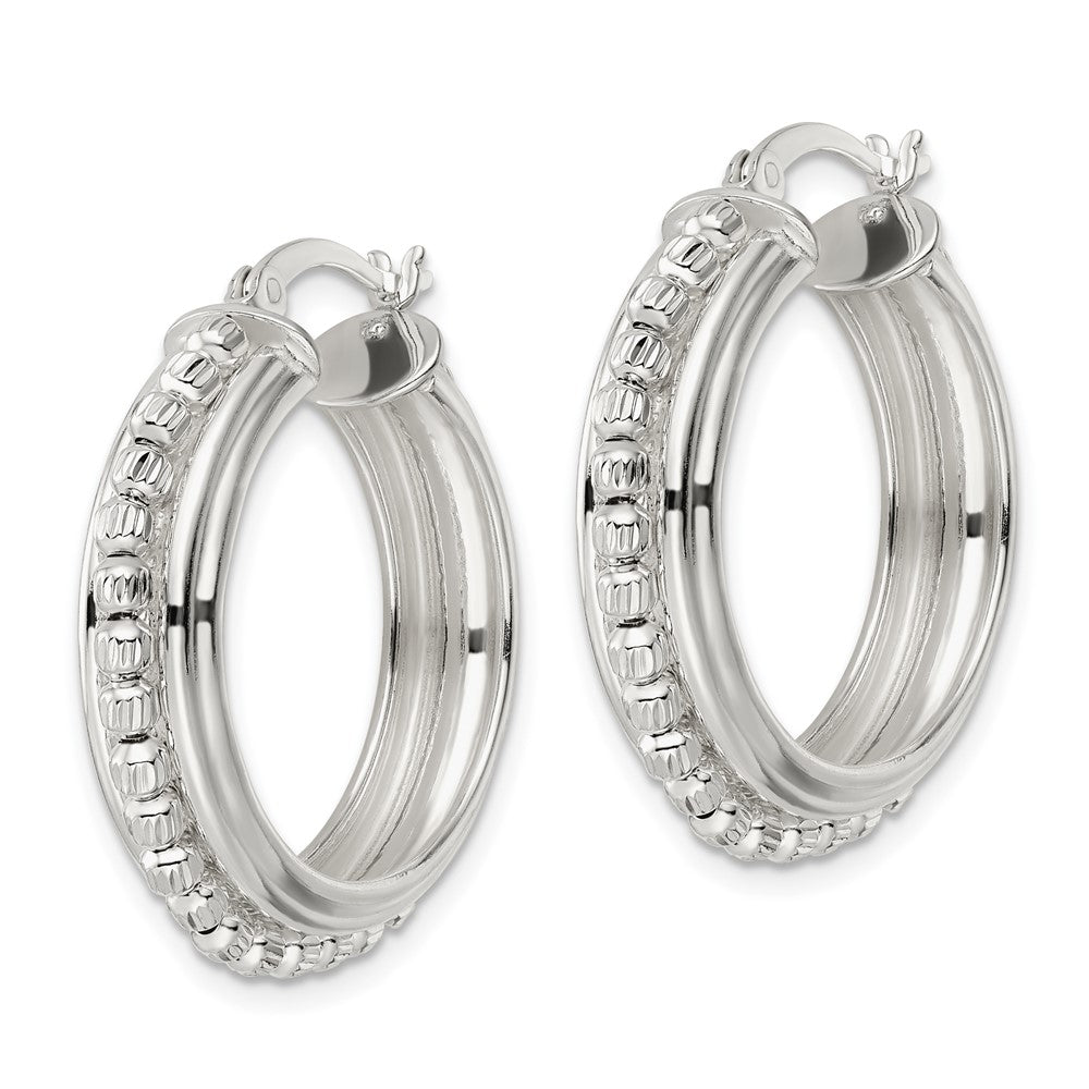 Sterling Silver Polished and DIamond-cut Beaded Hoop Earrings