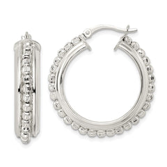 Sterling Silver Polished and DIamond-cut Beaded Hoop Earrings