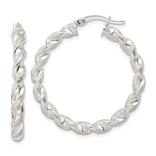 Sterling Silver Polished and Textured Twisted Circle Hoop Earrings