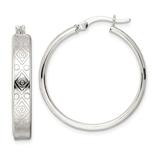 Sterling Silver Polished Design Circle Hoop Earrings
