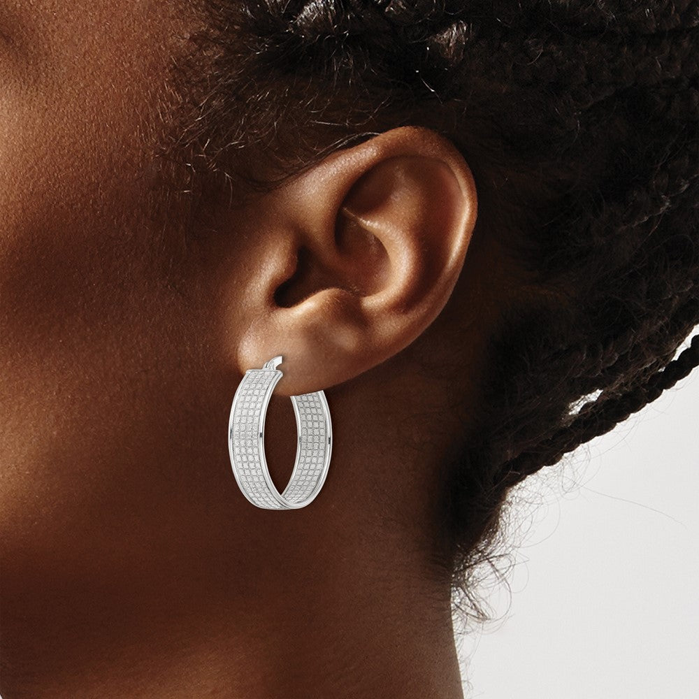 Sterling Silver Polished Fabric Glitter Hoop Earrings