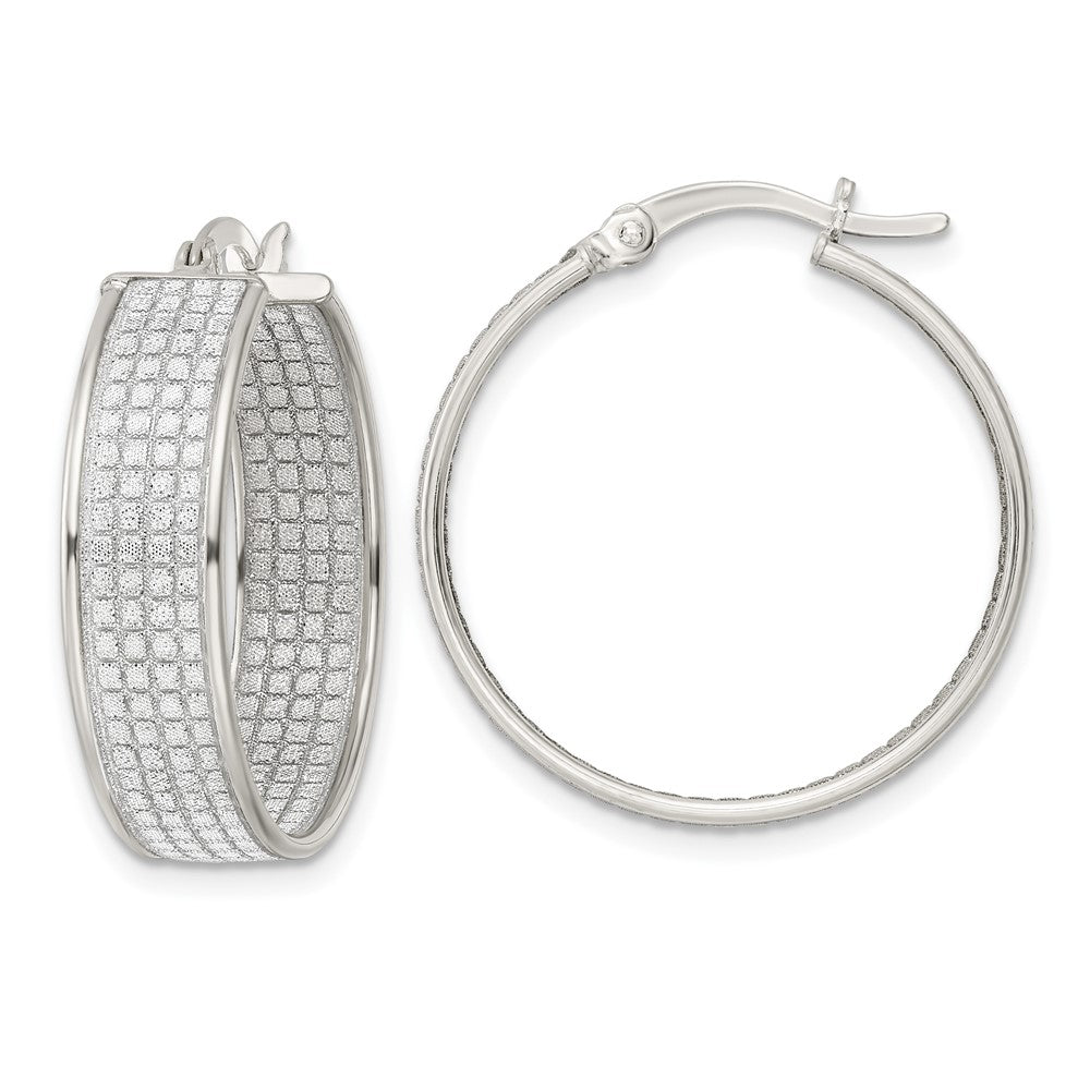 Sterling Silver Polished Fabric Glitter Hoop Earrings