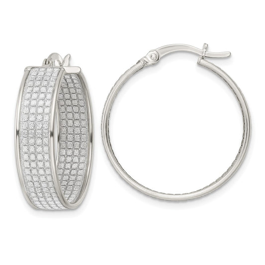 Sterling Silver Polished Fabric Glitter Hoop Earrings