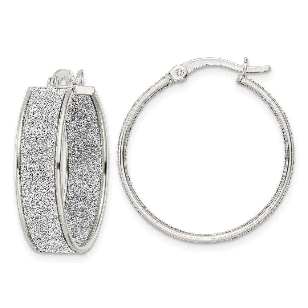 Sterling Silver Polished Fabric Glitter Hoop Earrings