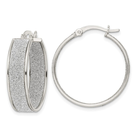 Sterling Silver Polished Fabric Glitter Hoop Earrings