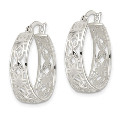 Sterling Silver Polished Floral Circle Hoop Earrings