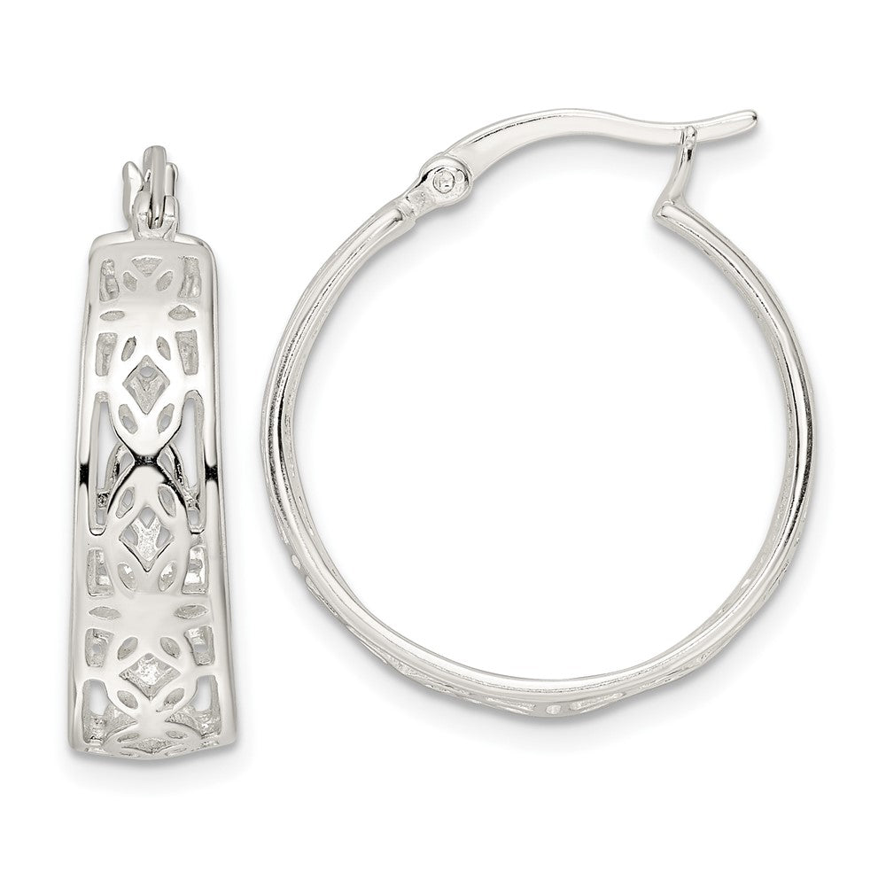 Sterling Silver Polished Floral Circle Hoop Earrings
