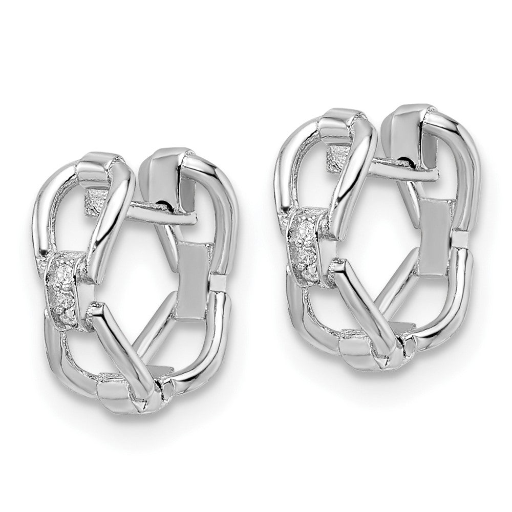 Rhodium-plated Sterling Silver Polished Links CZ Hinged Hoop Earrings