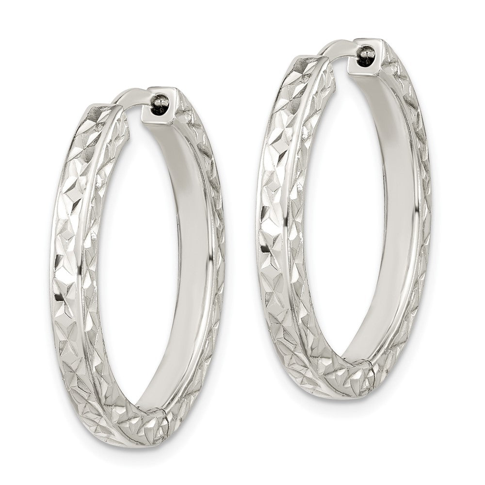 Sterling Silver Polished Diamond-cut Square Tube Locking Hoop Earrings