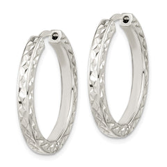 Sterling Silver Polished Diamond-cut Square Tube Locking Hoop Earrings