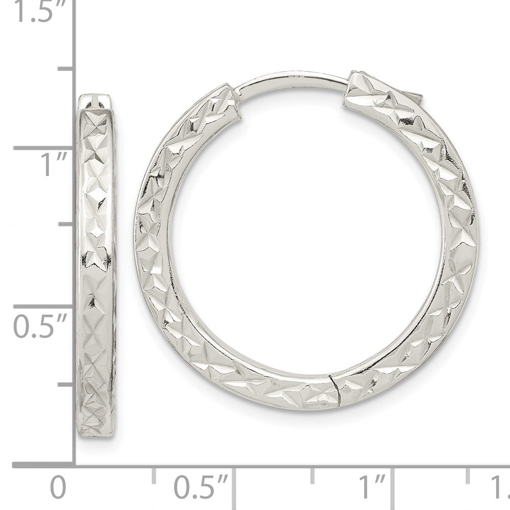 Sterling Silver Polished Diamond-cut Square Tube Locking Hoop Earrings