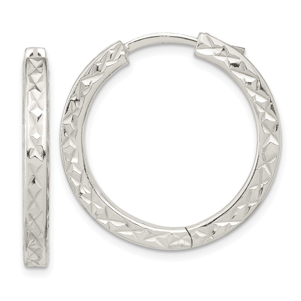 Sterling Silver Polished Diamond-cut Square Tube Locking Hoop Earrings