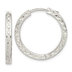 Sterling Silver Polished Diamond-cut Square Tube Locking Hoop Earrings