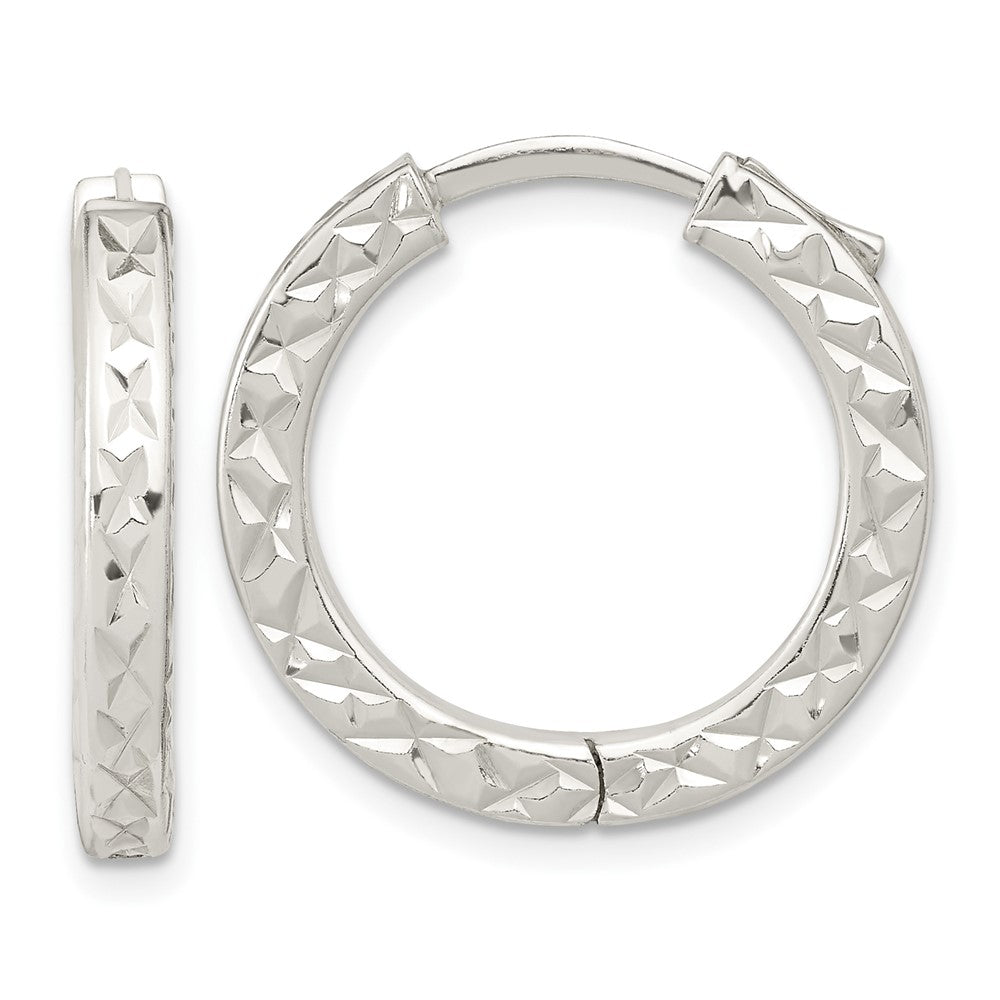 Sterling Silver Polished Diamond-cut Square Tube Locking Hoop Earrings