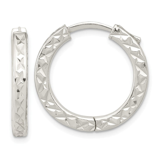 Sterling Silver Polished Diamond-cut Square Tube Locking Hoop Earrings