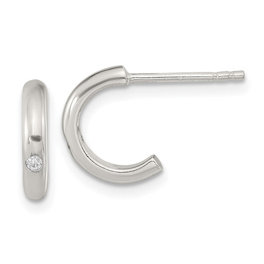 Sterling Silver Polished J-Hoop CZ Post Earrings