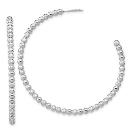Rhodium-plated Sterling Silver Polished Beaded Hoop Post Earrings