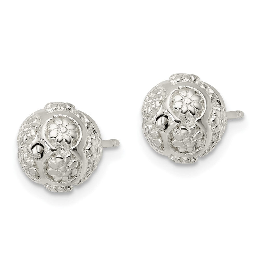 Sterling Silver Polished Floral Ball Post Earrings