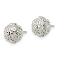Sterling Silver Polished Floral Ball Post Earrings