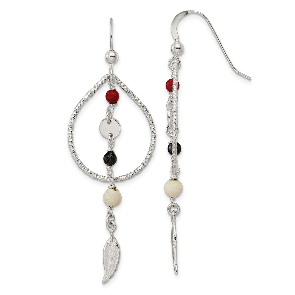Sterling Silver Red Black Ivory Coral with Feather Dangle Earrings