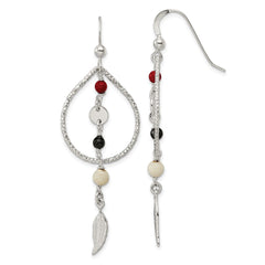 Sterling Silver Red Black Ivory Coral with Feather Dangle Earrings