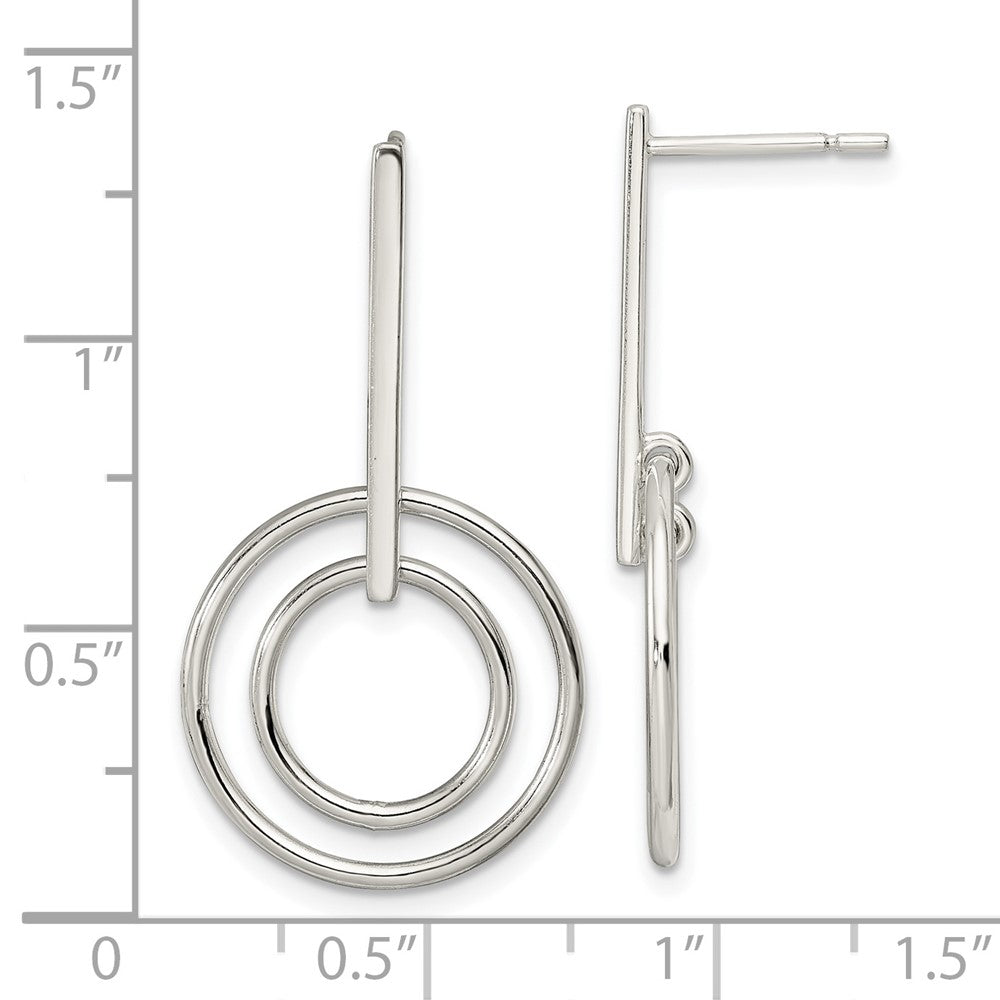 Sterling Silver Polished Bar and 2 Circles Dangle Post Earrings