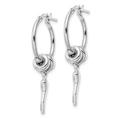 Rhodium-plated Sterling Silver Diamond-cut Bead Italian Horn Dangle Hoop Earrings