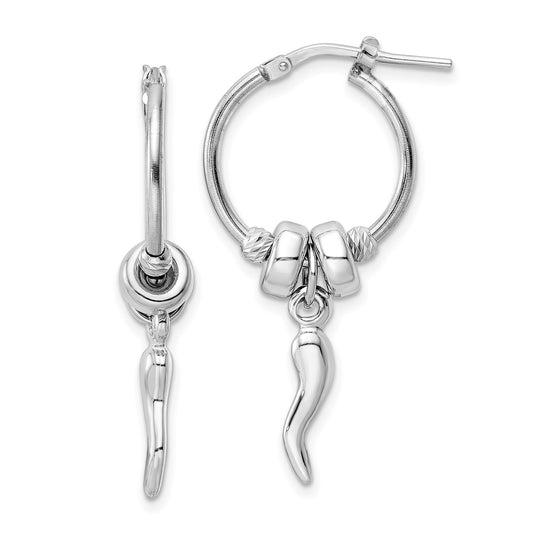 Rhodium-plated Sterling Silver Diamond-cut Bead Italian Horn Dangle Hoop Earrings