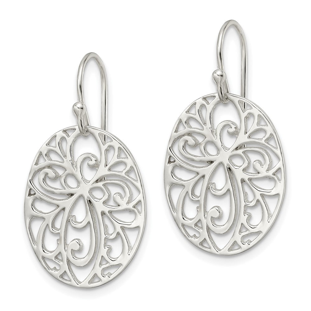 Sterling Silver Polished Cross Design Oval Dangle Earrings