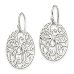 Sterling Silver Polished Cross Design Oval Dangle Earrings
